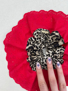 Oversized Leopard Print Scrunchie (Red Broderie Angalise)