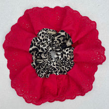 Load image into Gallery viewer, Oversized Leopard Print Scrunchie (Red Broderie Angalise)