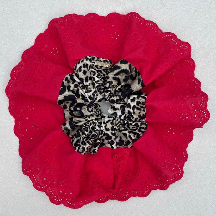 Oversized Leopard Print Scrunchie (Red Broderie Angalise)