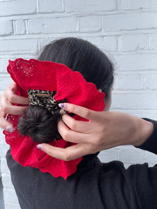 Oversized Leopard Print Scrunchie (Red Broderie Angalise)
