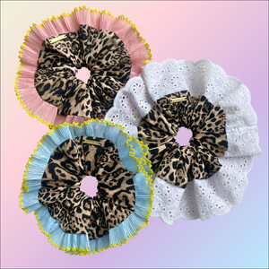 Oversized Leopard Print Scrunchie (White Broderie Angalise)