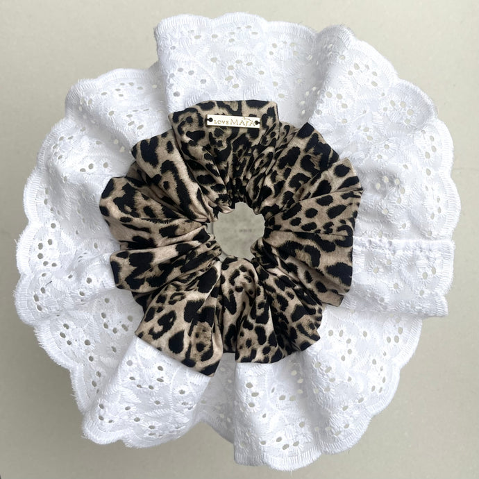 Oversized Leopard Print Scrunchie (White Broderie Angalise)
